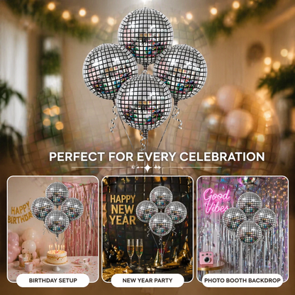 Disco Ball Silver Foil Balloon Set of 4 for Celebration Decoration | Mirror Disco Theme Balloons | Helium Supported Party Decor for Birthday, Anniversary & New Year