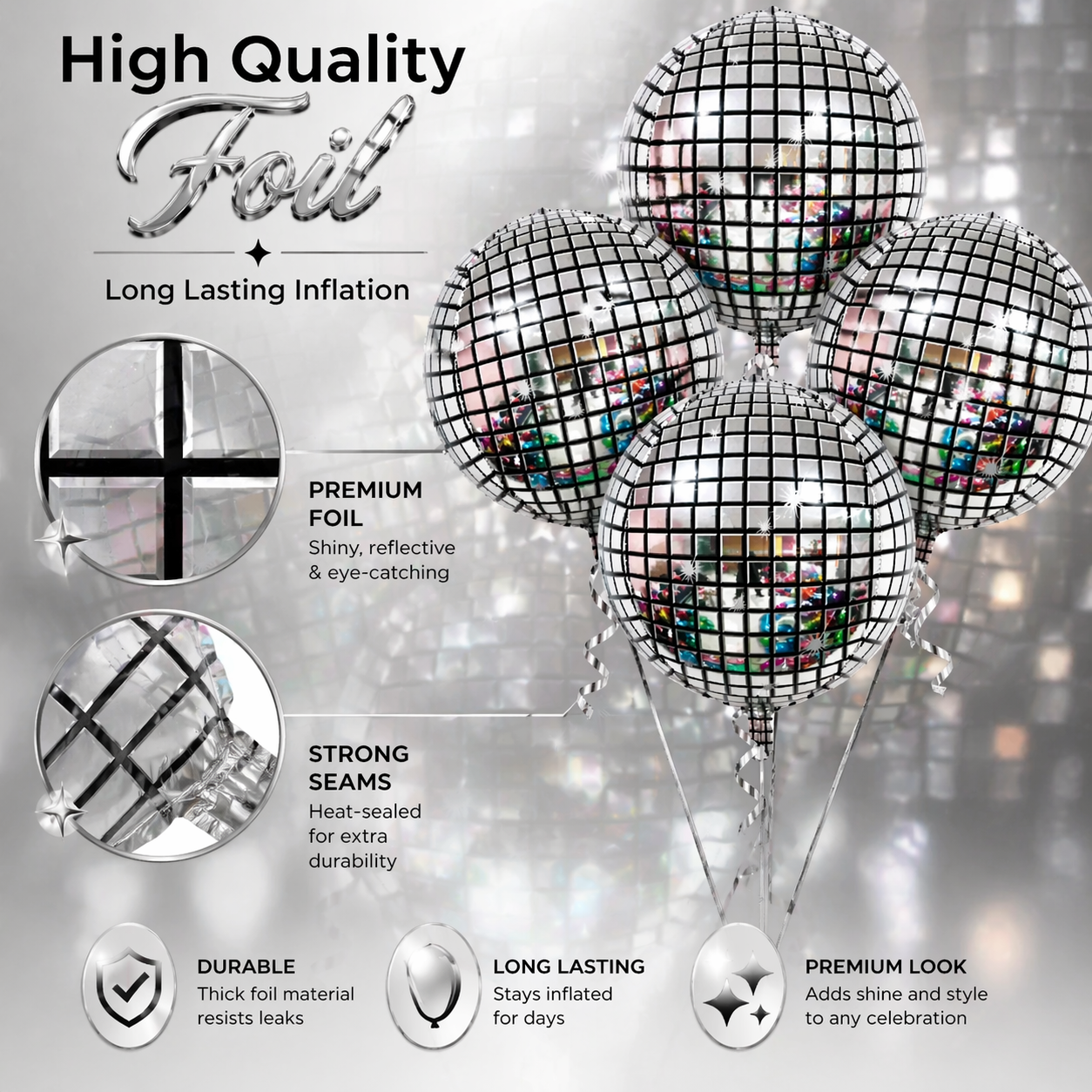 Silver Disco Ball Foil Balloons Set of 4 | Helium Filled & Delivers Inflated | Party Decoration for Birthday, Anniversary & New Year