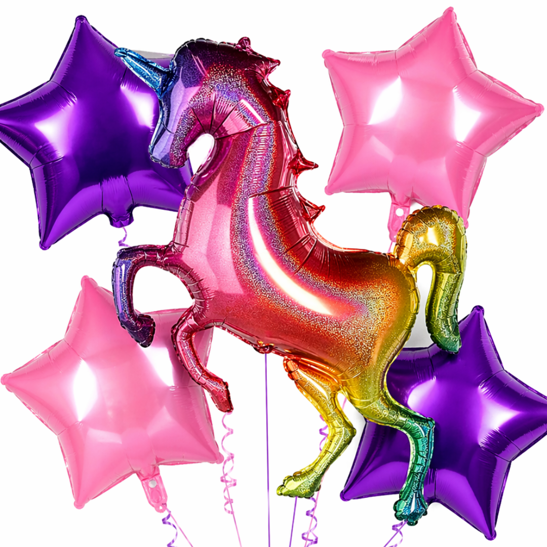Unicorn Theme Foil Balloon Set of 5 for Birthday Decoration | 1 Supershape Rainbow Unicorn Balloon + 2 Purple Star + 2 Pink Star Balloons (18 Inch)
