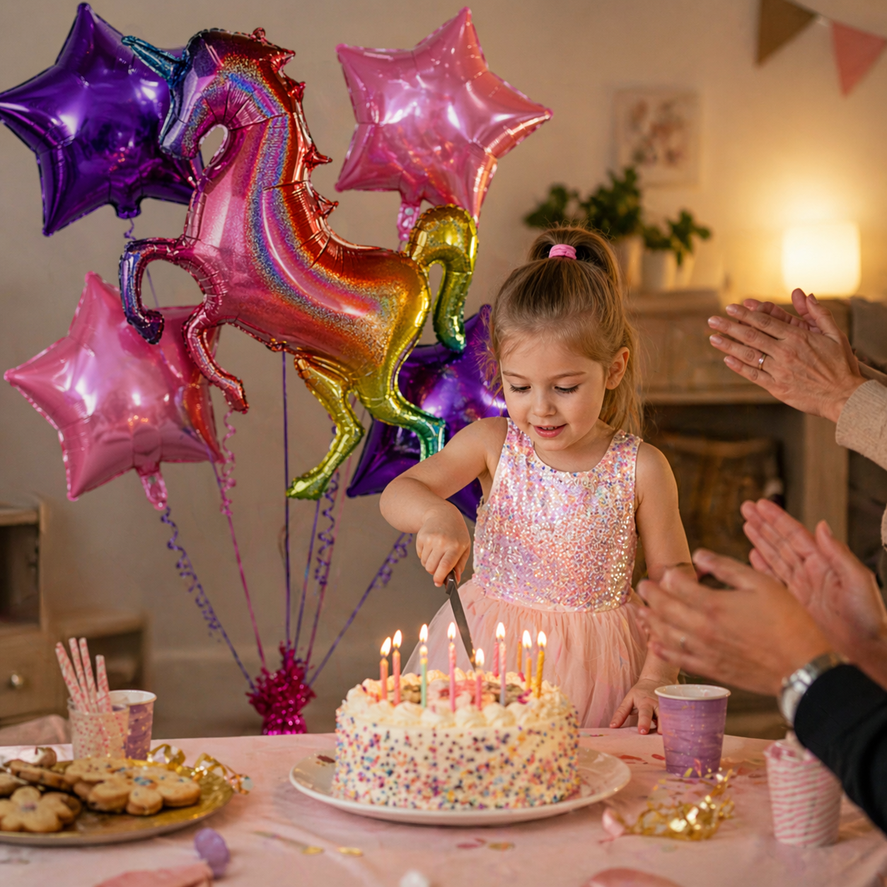 Unicorn Theme Foil Balloon Set of 5 for Birthday Decoration | 1 Supershape Rainbow Unicorn Balloon + 2 Purple Star + 2 Pink Star Balloons (18 Inch)