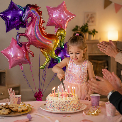 Unicorn Theme Foil Balloon Set of 5 for Birthday Decoration | 1 Supershape Rainbow Unicorn Balloon + 2 Purple Star + 2 Pink Star Balloons (18 Inch)