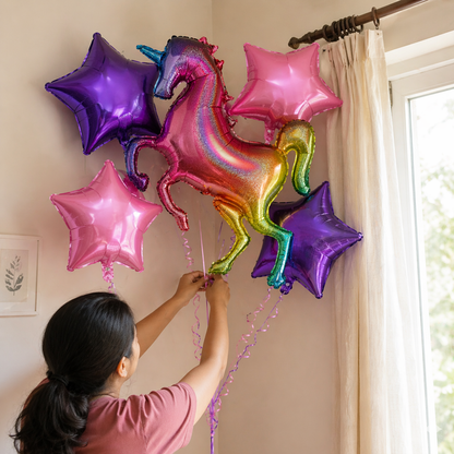 Unicorn Theme Foil Balloon Set of 5 for Birthday Decoration | 1 Supershape Rainbow Unicorn Balloon + 2 Purple Star + 2 Pink Star Balloons (18 Inch)