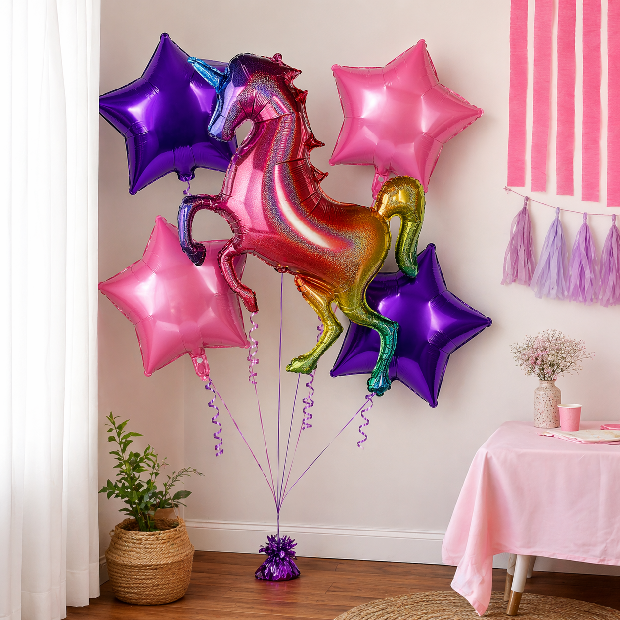Unicorn Theme Foil Balloon Set of 5 for Birthday Decoration | 1 Supershape Rainbow Unicorn Balloon + 2 Purple Star + 2 Pink Star Balloons (18 Inch)