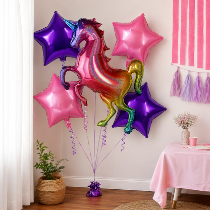 Unicorn Theme Foil Balloon Set of 5 for Birthday Decoration | 1 Supershape Rainbow Unicorn Balloon + 2 Purple Star + 2 Pink Star Balloons (18 Inch)