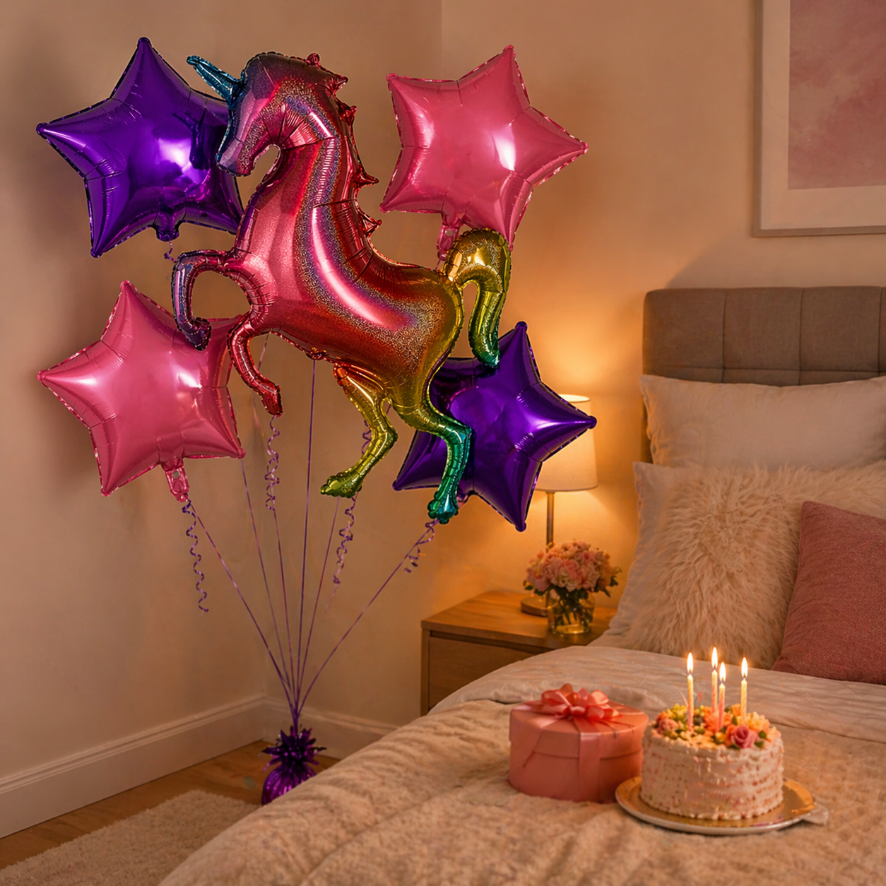 Unicorn Theme Foil Balloon Set of 5 for Birthday Decoration | 1 Supershape Rainbow Unicorn Balloon + 2 Purple Star + 2 Pink Star Balloons (18 Inch)