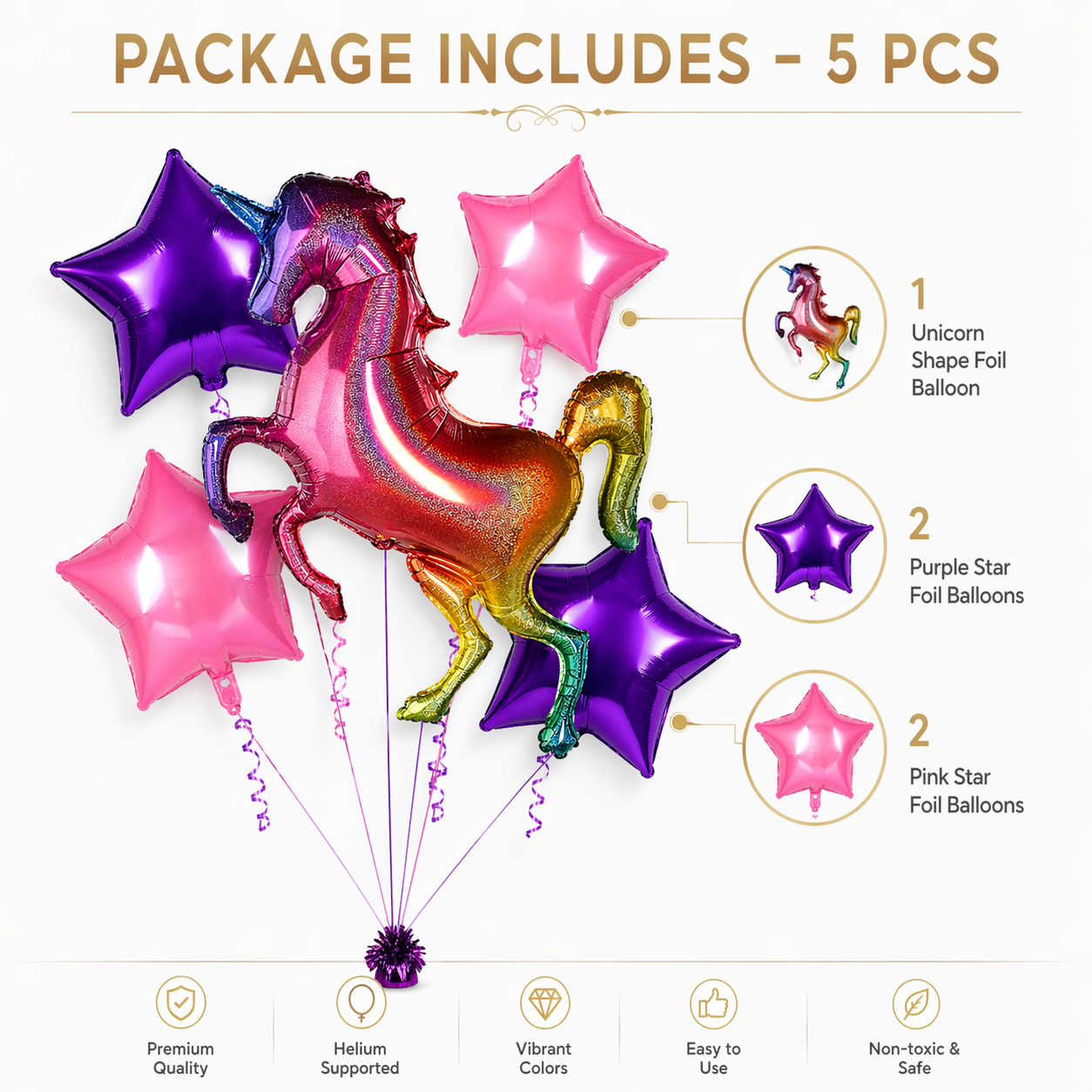 Unicorn Theme Foil Balloon Set of 5 for Birthday Decoration | 1 Supershape Rainbow Unicorn Balloon + 2 Purple Star + 2 Pink Star Balloons (18 Inch)