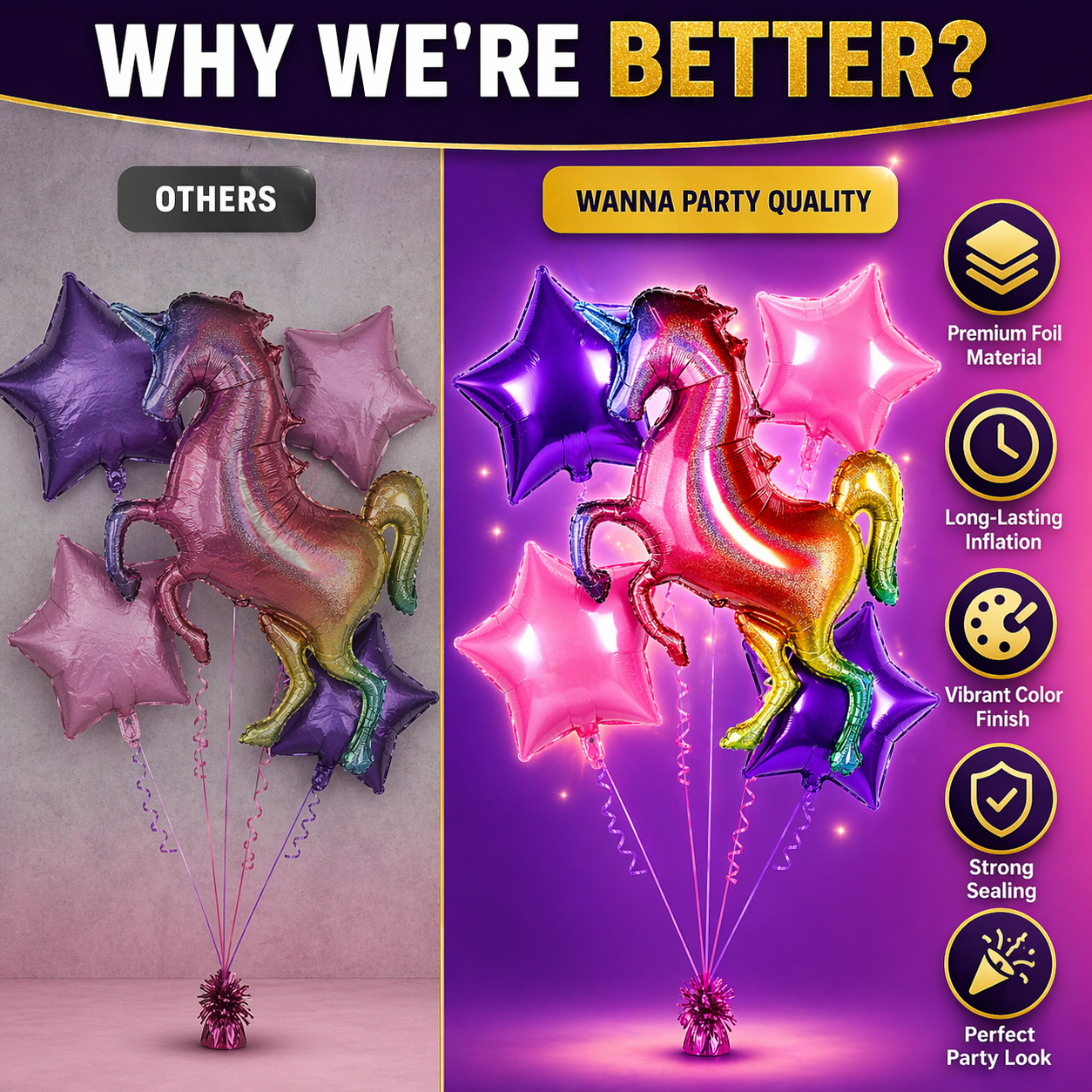 Unicorn Theme Foil Balloon Set of 5 for Birthday Decoration | 1 Supershape Rainbow Unicorn Balloon + 2 Purple Star + 2 Pink Star Balloons (18 Inch)