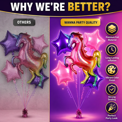 Unicorn Theme Foil Balloon Set of 5 for Birthday Decoration | 1 Supershape Rainbow Unicorn Balloon + 2 Purple Star + 2 Pink Star Balloons (18 Inch)