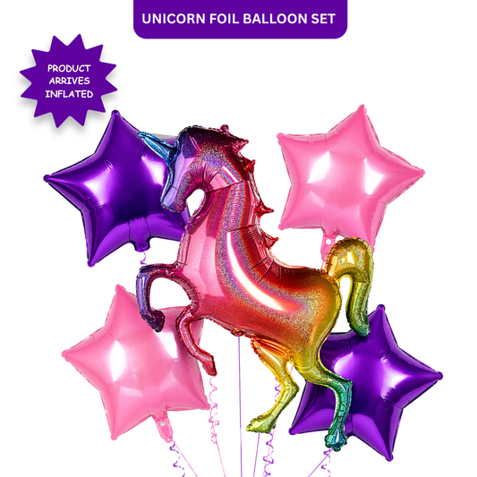 Unicorn Theme Helium Balloon Set of 5 (Rainbow Unicorn Supershape + 2 Purple Star + 2 Hot Pink Star Balloons 18 Inch) | Pre-Inflated & Delivered | Kids Birthday Decoration