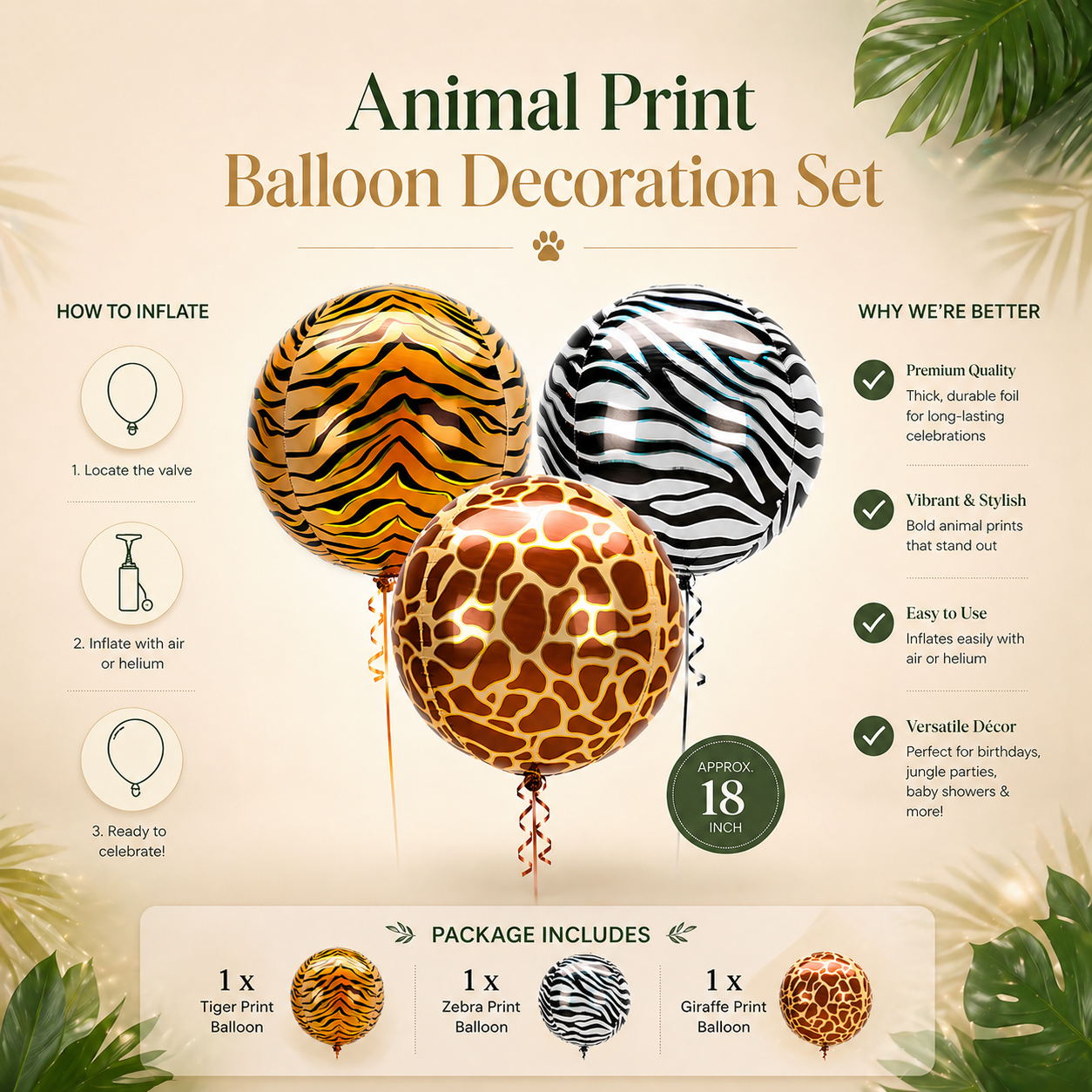 Animal Print Orbz Shaped Balloons - Set of 3