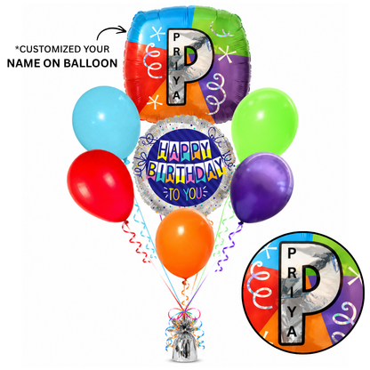 Customizable Alphabet "P" Square Shaped Balloon with Customized Name Stickers Bouquet Set of 7PC | Customizable Name Inital Balloons| Choose Your Name
