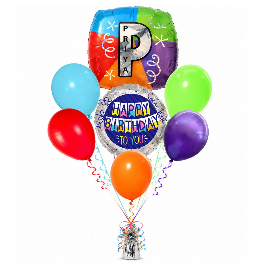 Customizable Alphabet "P" Square Shaped Balloon with Customized Name Stickers Bouquet Set of 7PC | Customizable Name Inital Balloons| Choose Your Name