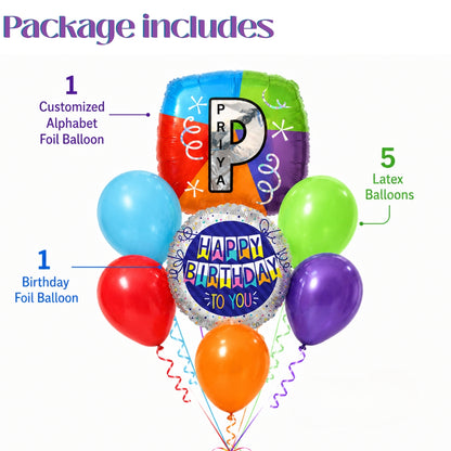 Customizable Alphabet "P" Square Shaped Balloon with Customized Name Stickers Bouquet Set of 7PC | Customizable Name Inital Balloons| Choose Your Name