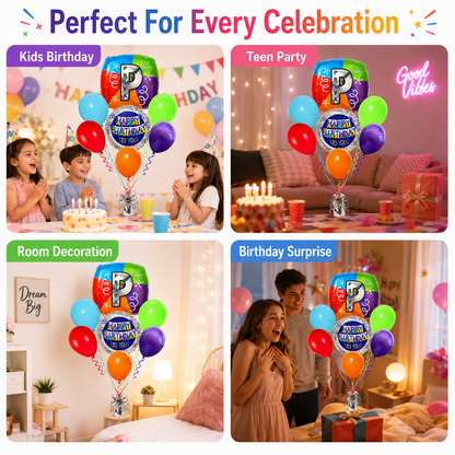 Customizable Alphabet "P" Square Shaped Balloon with Customized Name Stickers Bouquet Set of 7PC | Customizable Name Inital Balloons| Choose Your Name