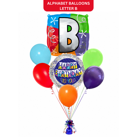 Customizable Alphabet "B" Square Shaped Balloon with Customized Name Stickers Bouquet Set of 7PC | Customizable Name Inital Balloons| Choose Your Name