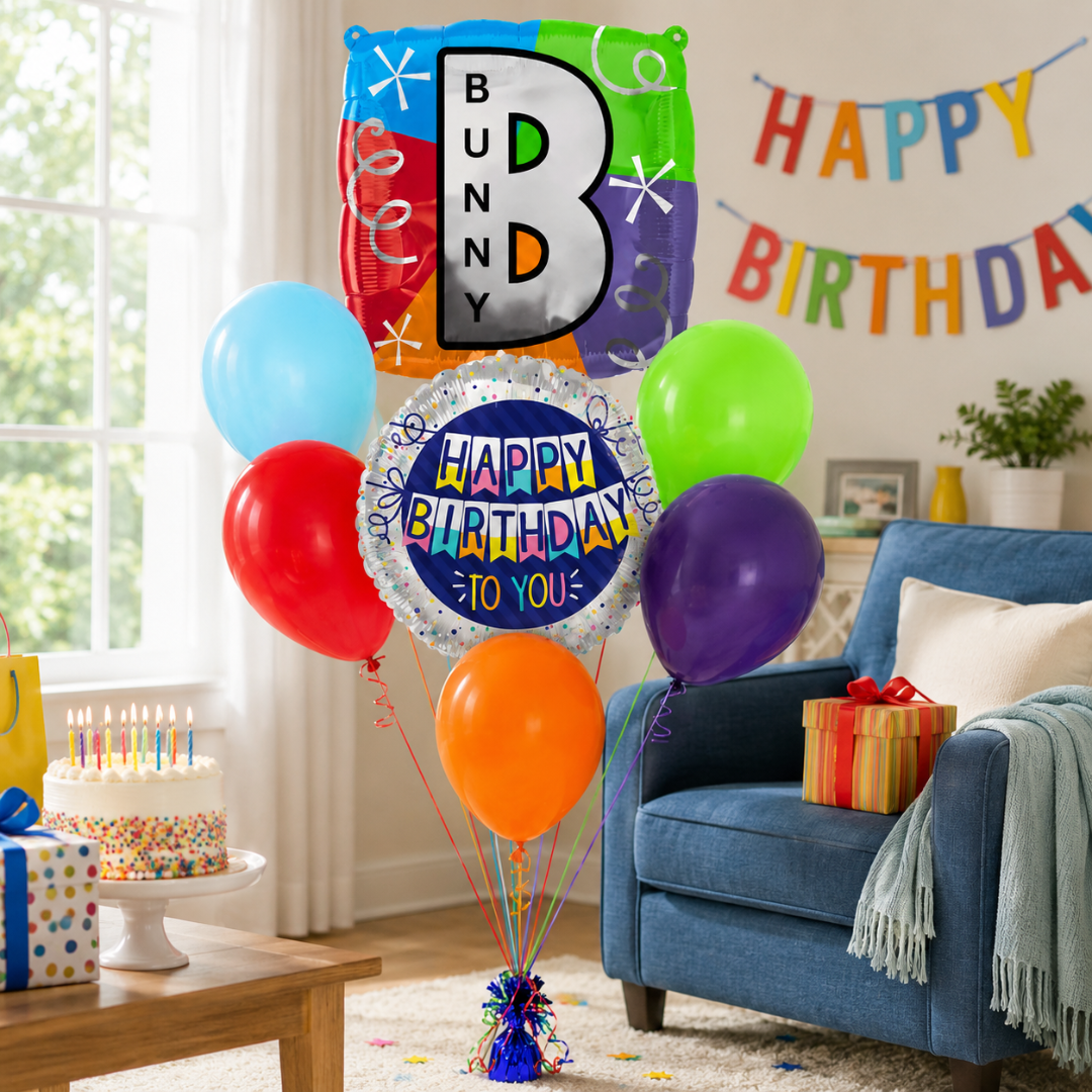 Customizable Alphabet "B" Square Shaped Balloon with Customized Name Stickers Bouquet Set of 7PC | Customizable Name Inital Balloons| Choose Your Name