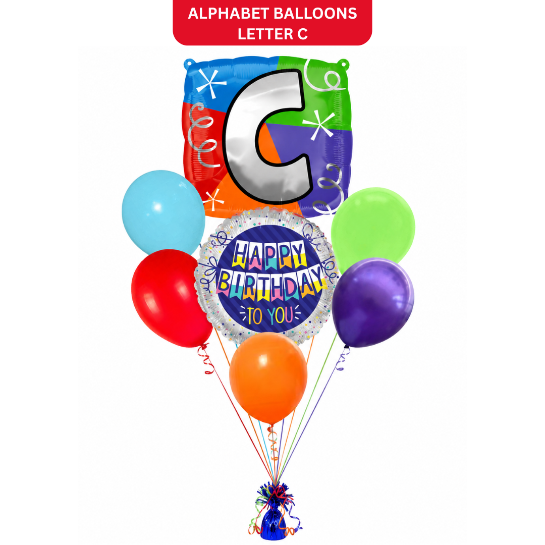 Customizable Alphabet "C" Square Shaped Balloon with Customized Name Stickers Bouquet Set of 7PC | Customizable Name Inital Balloons| Choose Your Name
