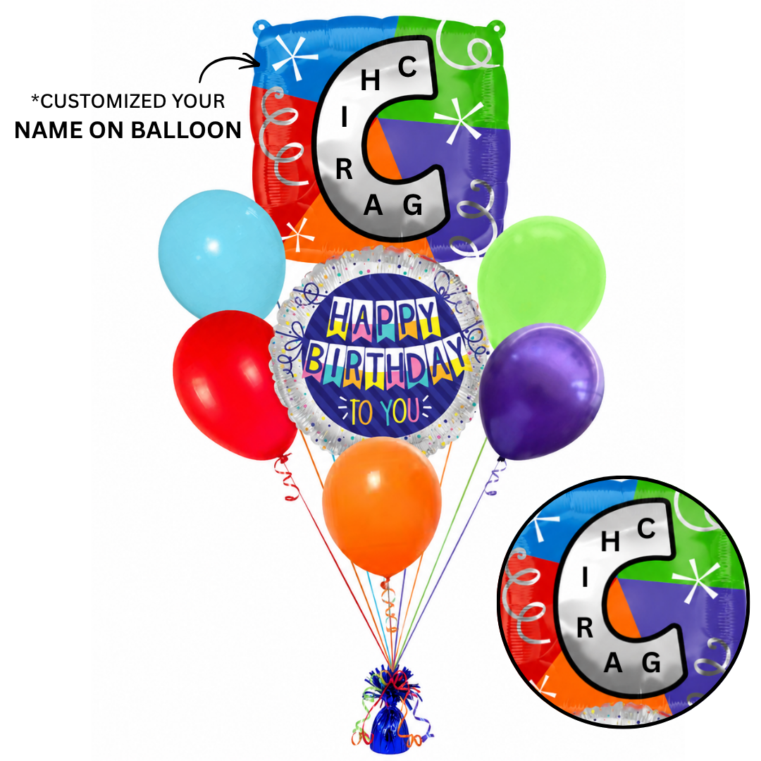 Customizable Alphabet "C" Square Shaped Balloon with Customized Name Stickers Bouquet Set of 7PC | Customizable Name Inital Balloons| Choose Your Name