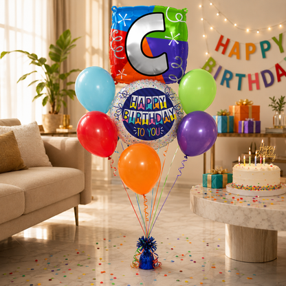 Customizable Alphabet "C" Square Shaped Balloon with Customized Name Stickers Bouquet Set of 7PC | Customizable Name Inital Balloons| Choose Your Name