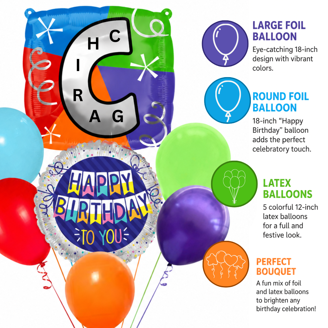Customizable Alphabet "C" Square Shaped Balloon with Customized Name Stickers Bouquet Set of 7PC | Customizable Name Inital Balloons| Choose Your Name