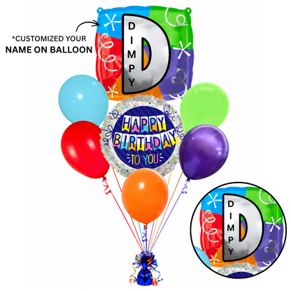 Customizable Alphabet "D" Square Shaped Balloon with Customized Name Stickers Bouquet Set of 7PC | Customizable Name Inital Balloons| Choose Your Name