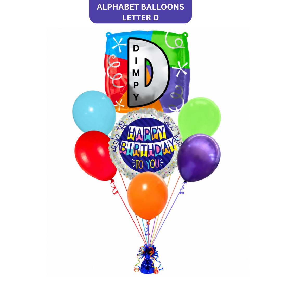 Customizable Alphabet "D" Square Shaped Balloon with Customized Name Stickers Bouquet Set of 7PC | Customizable Name Inital Balloons| Choose Your Name