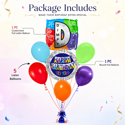 Customizable Alphabet "D" Square Shaped Balloon with Customized Name Stickers Bouquet Set of 7PC | Customizable Name Inital Balloons| Choose Your Name