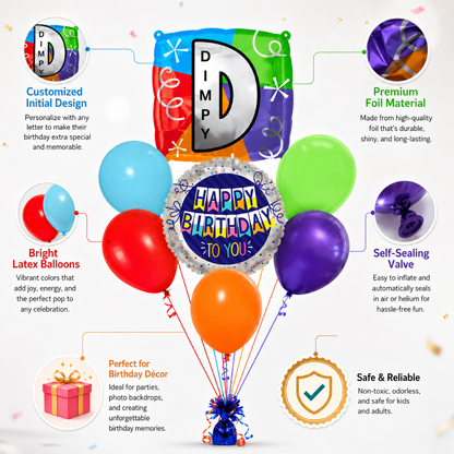 Customizable Alphabet "D" Square Shaped Balloon with Customized Name Stickers Bouquet Set of 7PC | Customizable Name Inital Balloons| Choose Your Name