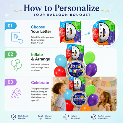 Customizable Alphabet "D" Square Shaped Balloon with Customized Name Stickers Bouquet Set of 7PC | Customizable Name Inital Balloons| Choose Your Name