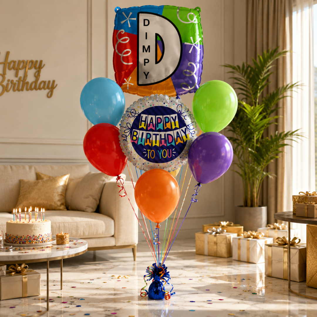 Customizable Alphabet "D" Square Shaped Balloon with Customized Name Stickers Bouquet Set of 7PC | Customizable Name Inital Balloons| Choose Your Name
