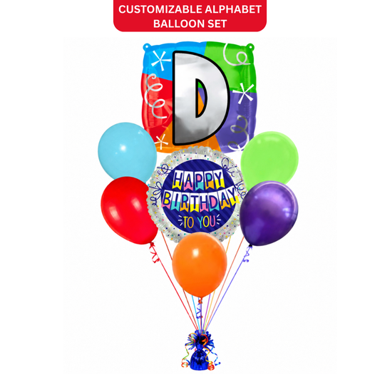Customizable Alphabet "D" Square Shaped Balloon with Customized Name Stickers Bouquet Set of 7PC | Customizable Name Inital Balloons| Choose Your Name