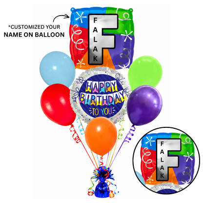 Customizable Alphabet "F" Square Shaped Balloon with Customized Name Stickers Bouquet Set of 7PC | Customizable Name Inital Balloons| Choose Your Name