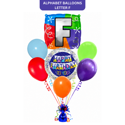 Customizable Alphabet "F" Square Shaped Balloon with Customized Name Stickers Bouquet Set of 7PC | Customizable Name Inital Balloons| Choose Your Name