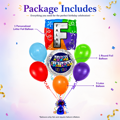 Customizable Alphabet "F" Square Shaped Balloon with Customized Name Stickers Bouquet Set of 7PC | Customizable Name Inital Balloons| Choose Your Name