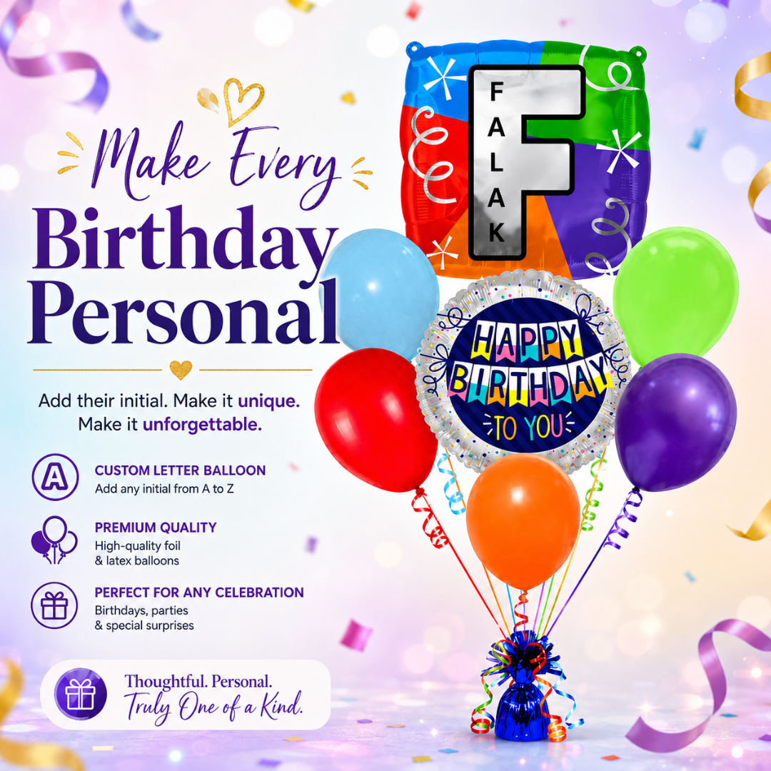 Customizable Alphabet "F" Square Shaped Balloon with Customized Name Stickers Bouquet Set of 7PC | Customizable Name Inital Balloons| Choose Your Name