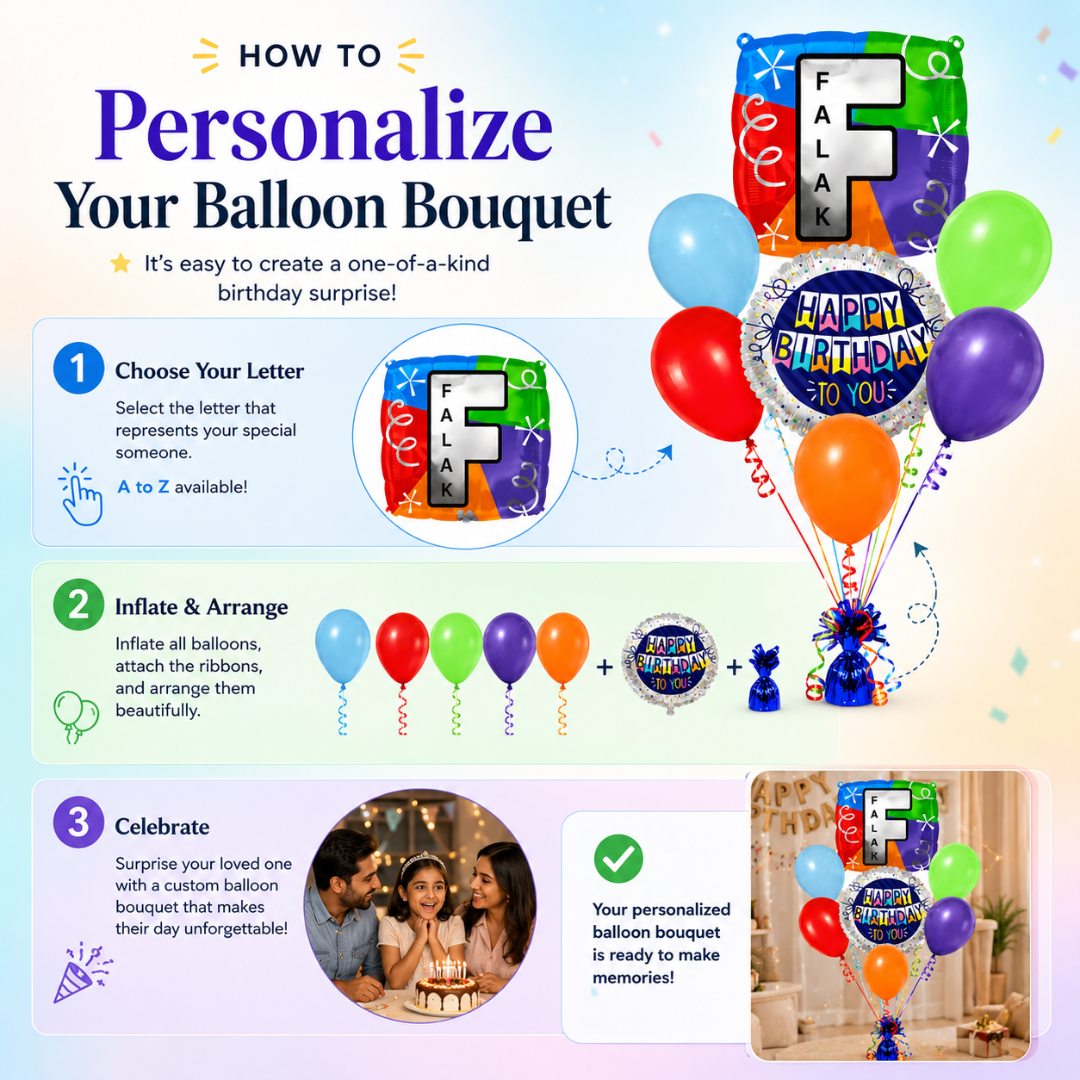 Customizable Alphabet "F" Square Shaped Balloon with Customized Name Stickers Bouquet Set of 7PC | Customizable Name Inital Balloons| Choose Your Name
