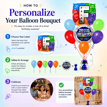 Customizable Alphabet "F" Square Shaped Balloon with Customized Name Stickers Bouquet Set of 7PC | Customizable Name Inital Balloons| Choose Your Name