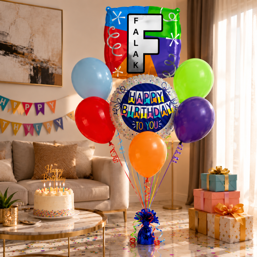Customizable Alphabet "F" Square Shaped Balloon with Customized Name Stickers Bouquet Set of 7PC | Customizable Name Inital Balloons| Choose Your Name