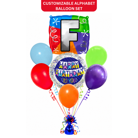 Customizable Alphabet "F" Square Shaped Balloon with Customized Name Stickers Bouquet Set of 7PC | Customizable Name Inital Balloons| Choose Your Name
