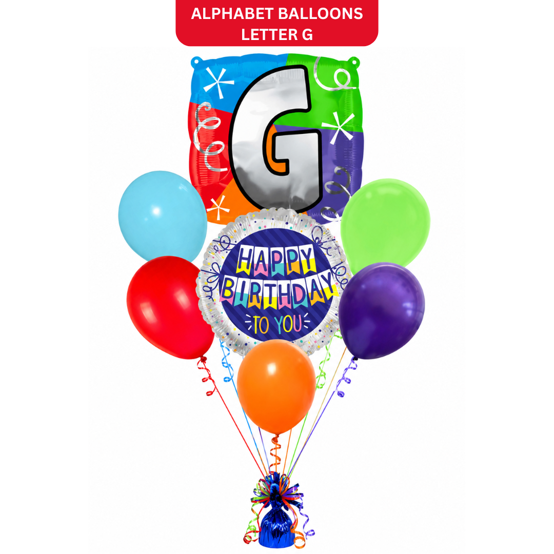 Customizable Alphabet "G" Square Shaped Balloon with Customized Name Stickers Bouquet Set of 7PC | Customizable Name Inital Balloons| Choose Your Name