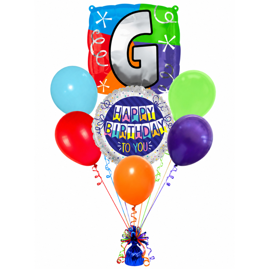 Customizable Alphabet "G" Square Shaped Balloon with Customized Name Stickers Bouquet Set of 7PC | Customizable Name Inital Balloons| Choose Your Name