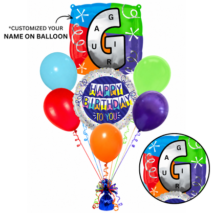 Customizable Alphabet "G" Square Shaped Balloon with Customized Name Stickers Bouquet Set of 7PC | Customizable Name Inital Balloons| Choose Your Name