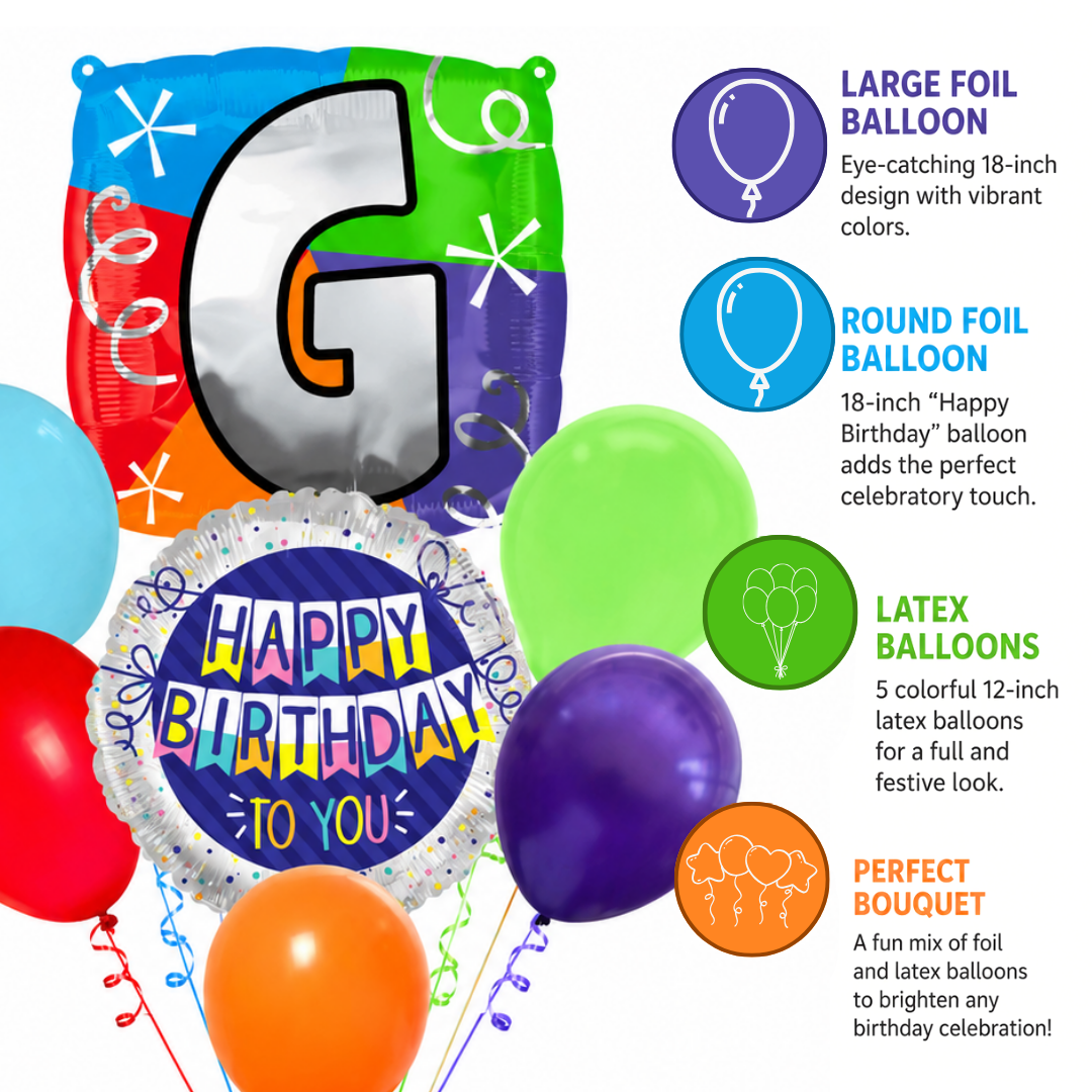 Customizable Alphabet "G" Square Shaped Balloon with Customized Name Stickers Bouquet Set of 7PC | Customizable Name Inital Balloons| Choose Your Name