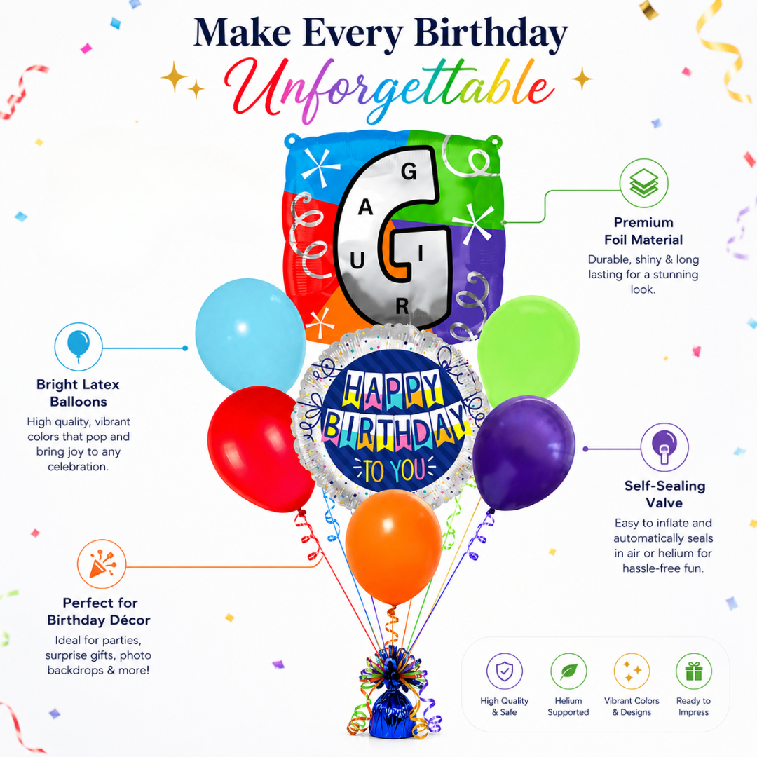 Customizable Alphabet "G" Square Shaped Balloon with Customized Name Stickers Bouquet Set of 7PC | Customizable Name Inital Balloons| Choose Your Name