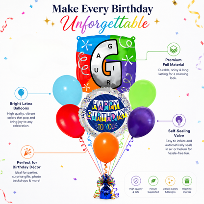 Customizable Alphabet "G" Square Shaped Balloon with Customized Name Stickers Bouquet Set of 7PC | Customizable Name Inital Balloons| Choose Your Name