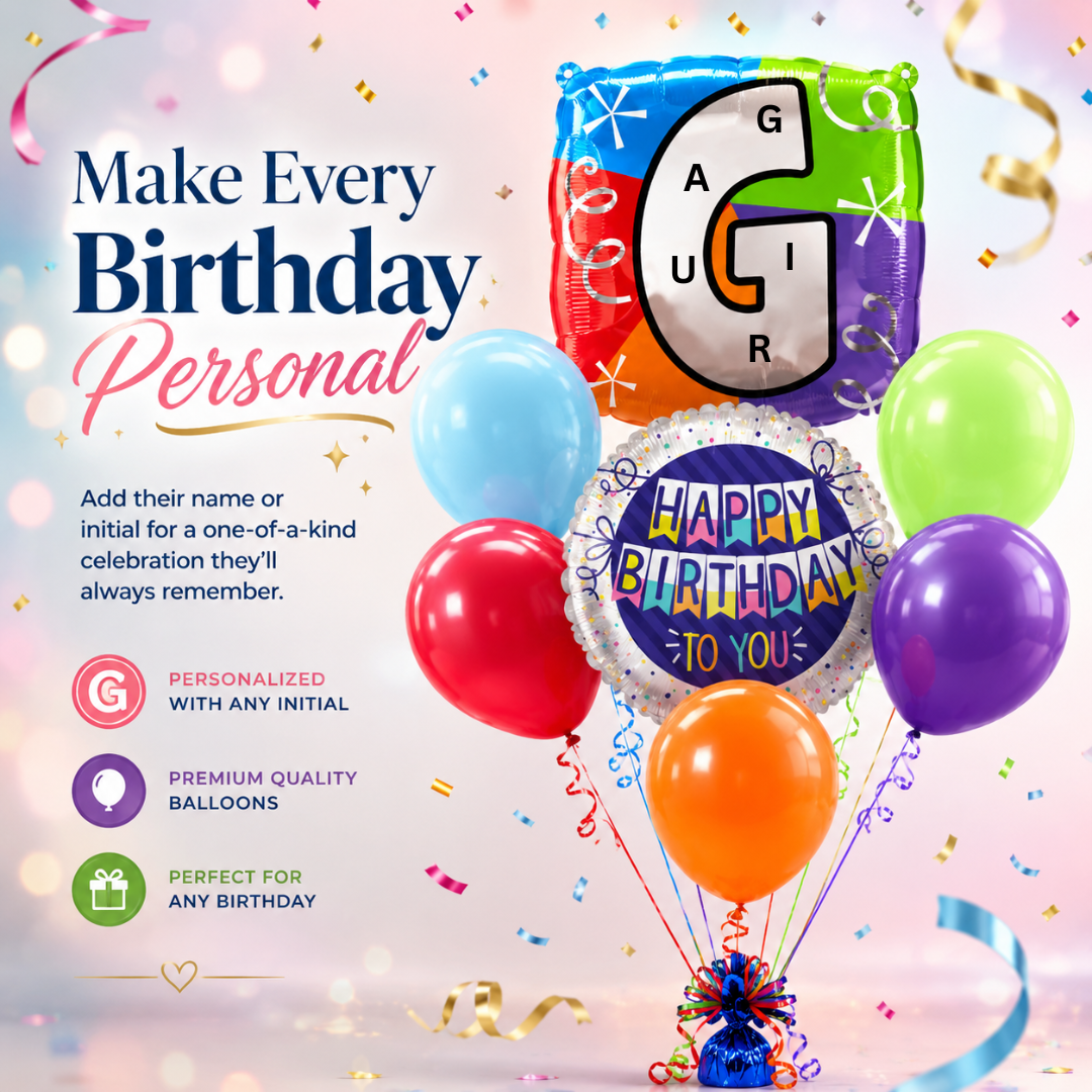 Customizable Alphabet "G" Square Shaped Balloon with Customized Name Stickers Bouquet Set of 7PC | Customizable Name Inital Balloons| Choose Your Name