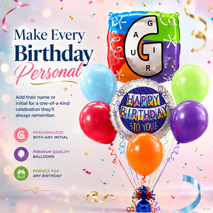 Customizable Alphabet "G" Square Shaped Balloon with Customized Name Stickers Bouquet Set of 7PC | Customizable Name Inital Balloons| Choose Your Name
