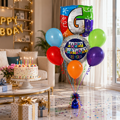 Customizable Alphabet "G" Square Shaped Balloon with Customized Name Stickers Bouquet Set of 7PC | Customizable Name Inital Balloons| Choose Your Name