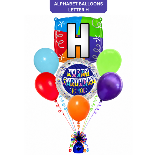 Customizable Alphabet "H" Square Shaped Balloon with Customized Name Stickers Bouquet Set of 7PC | Customizable Name Inital Balloons| Choose Your Name