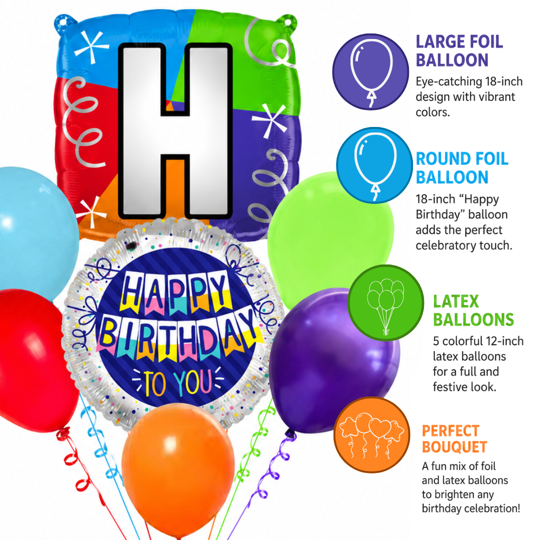 Customizable Alphabet "H" Square Shaped Balloon with Customized Name Stickers Bouquet Set of 7PC | Customizable Name Inital Balloons| Choose Your Name